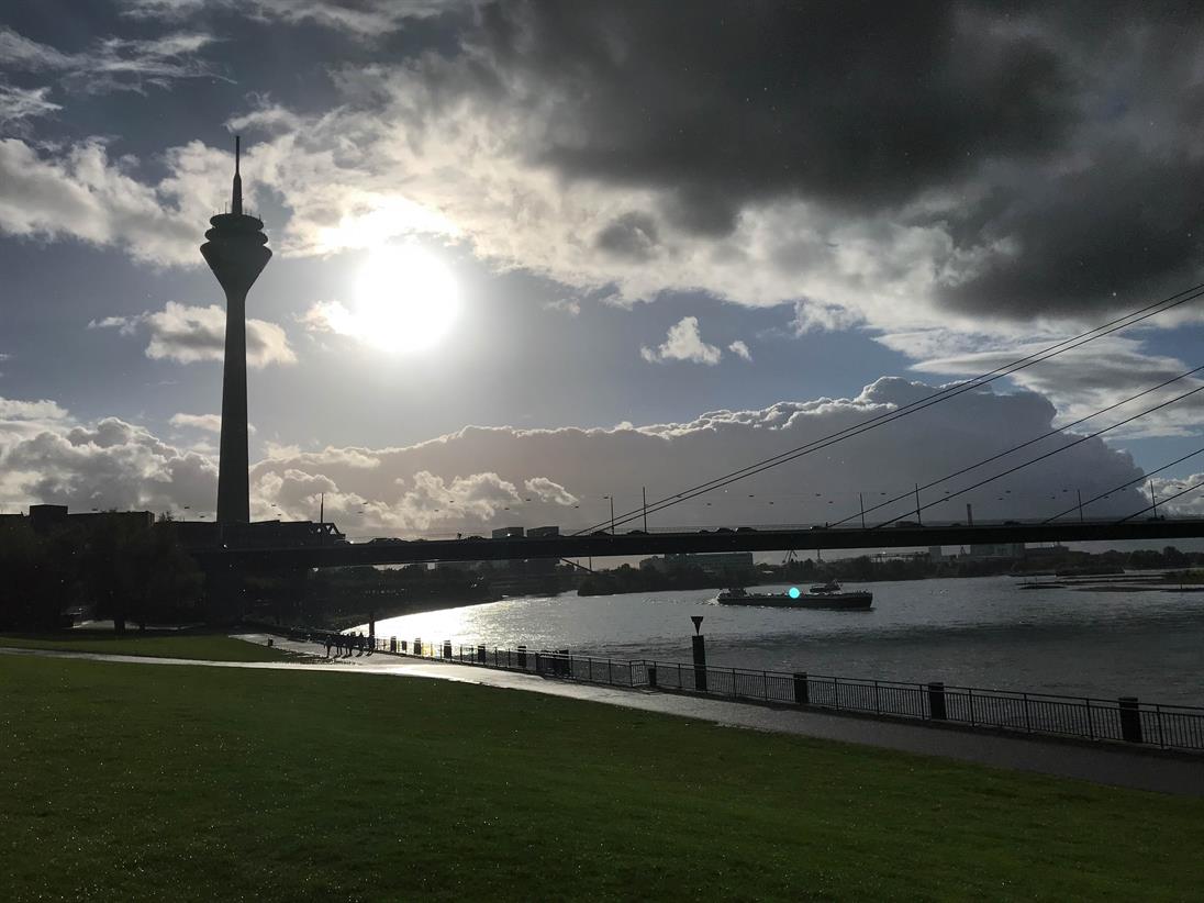 Luis Collignon zeigt auf seinem Bild ein Düsseldorfer Panorama mit Rheinkniebrücke und Rheinturm.